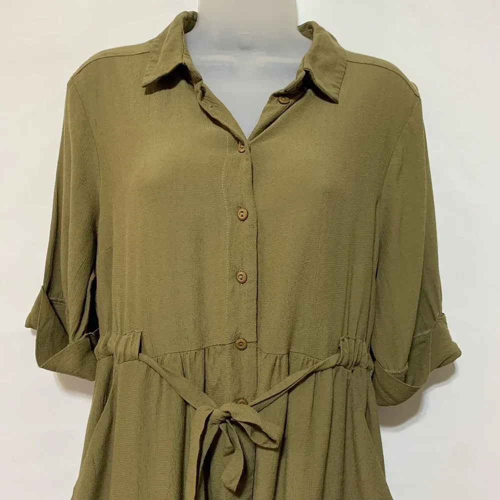 ASOS Womens Dress Olive Green Short Sleeve Tie Waist Button Front Size 8 - Picture 5 of 12
